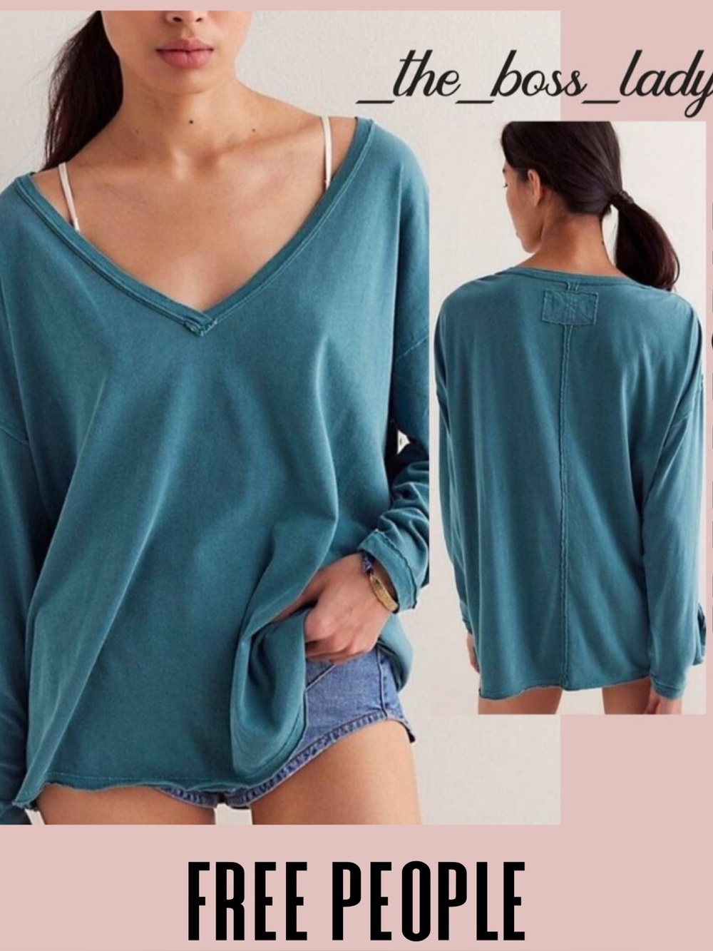 Free People tee shirt cotton jersey oversized top v-neck Small